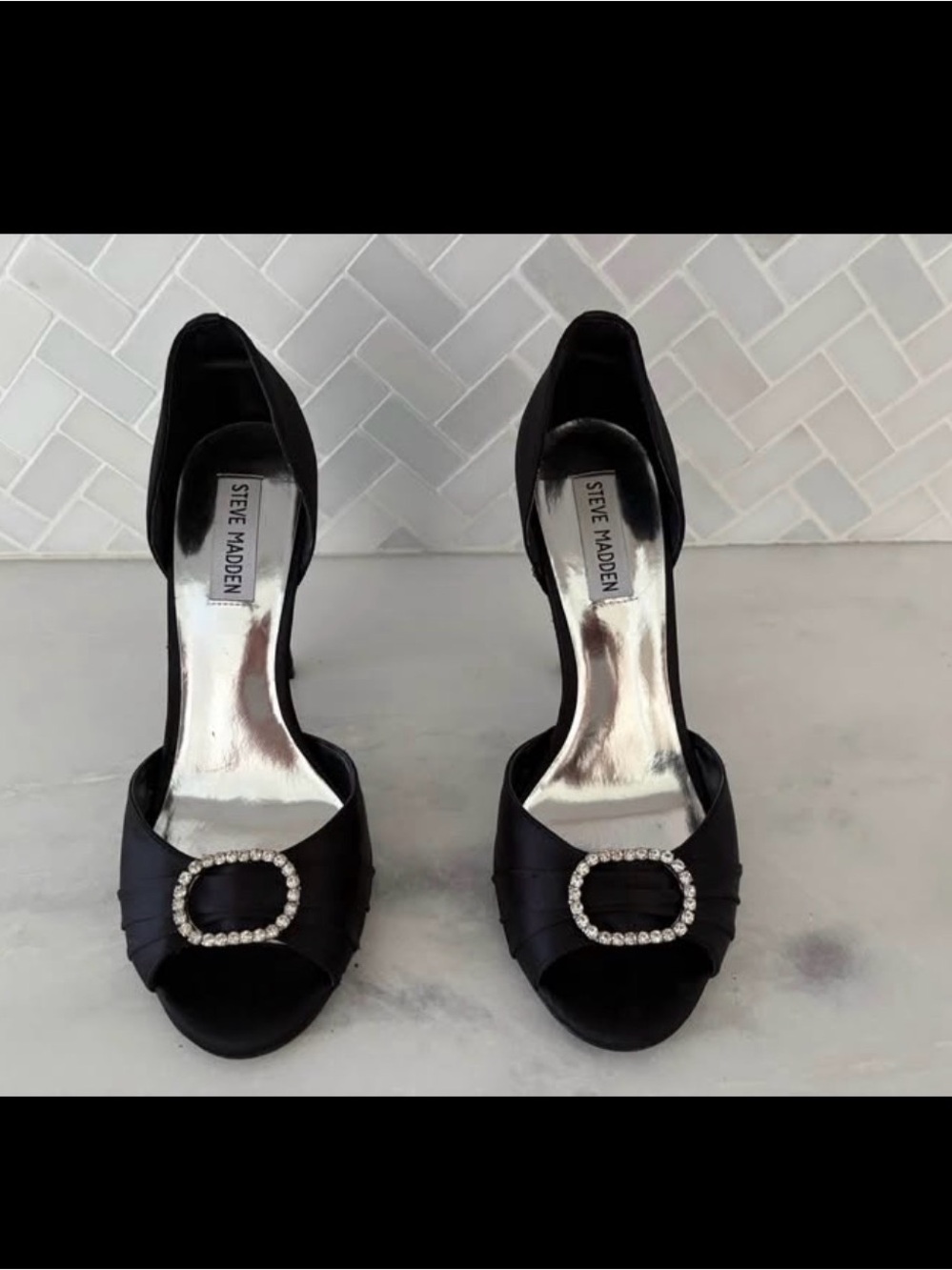 Steve Madden Black Satin D'Orsay Heels with Rhinestone Buckle (Wore Once)